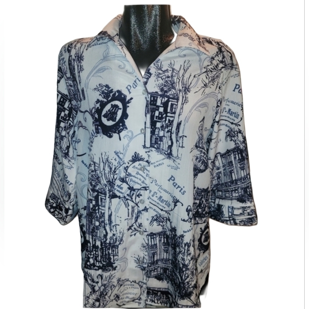 Alia White Paris Scene Print Cropped Sleeve Shirt Size 16